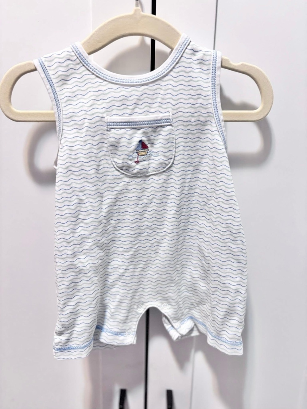 Kissy Kissy White & Light Blue Striped Sailboat One-Piece